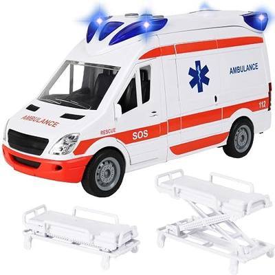Kiddie Play Ambulance Toy Car with Lights, Sound & Stretcher | Friction Powered Emergency & Rescue Vehicle Set, Doors that Open