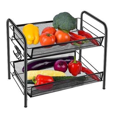 Spice Rack Organizer for Countertop, 2 Tier Fruits/Vegetables Storage Organizer, Standing Shelf with Mesh Baskets for Home, Kitchen, Bathroom, Office, Black