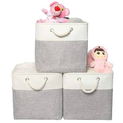 Large Foldable Storage Bin 13" X 13" Storage Basket Organizer Basket Shelf Cube with Sturdy Cotton Carry Handles for Baby Nursery Closet Shelves Organization (White&Grey, Set of 3)