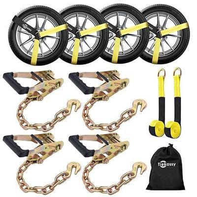 Trekassy Car Tie Down Straps for Trailers Include (4) Ratchets with Steel Chain Anchors, (6) 2" x 96" Tire Straps (2 for Replacement), 10,000lbs Break Strength, Hauling Any Cars, UTV, Truck