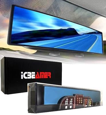 14.2" ICBEAMER Clip On Rear View Mirror | Flat Blue Tint, Panoramic Wide Angle HD Glass, Anti Glare, Universal Fit for Car, SUV, Truck | Eliminates Blind Spots (1 Pack)
