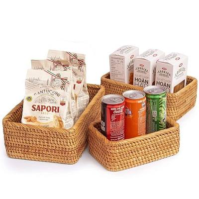 Wicker Baskets for Storage Rattan Closet Bins for Shelf Organizing Bathroom Woven Cloth Organizer Stackable Set 3 Rectangular Nursery Pack Basket (Honey Brown)