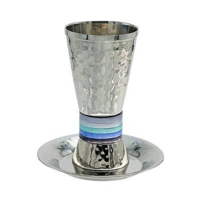 EMANUEL Yair Hammered Nickel Kiddush Cup Set with Blue Ring | CUT-2