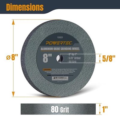POWERTEC Bench Grinder Wheel 8 Inch 80 Grit, Aluminum Oxide Grinding Wheel for Bench Pedestal Grinder, 1" Thick 5/8" Arbor, Sharpening & Shaping Drill Bits, Blade, and Chisel 1PK (15521)