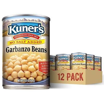 Kuner’s No Salt Added Garbanzo Beans, Plant Protein and Fiber, Gluten Free, Vegan, Fat Free, 12 Pack of 15.5 oz Cans, Canned Beans