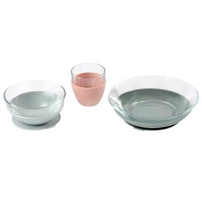 BEABA 3-Piece Glass Meal Set with Suction Pads, Toddler Plate and Baby Bowls with Suction, Non Slip Kids Dinnerware Set, 2.5x Stronger than Regular Glass, Eucalyptus