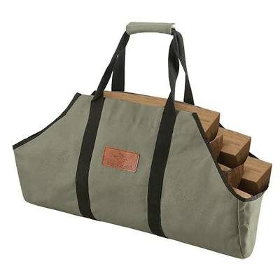 WHITEDUCK TUFF Large Firewood Carrier 21 Oz. Heavy Duty Waxed Canvas Log Carrier Holder for Fireplace, Carrying Wood Indoor & Outdoor (Olive, Boat Shape (26"x17"x9"))