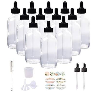 12 Pack 4oz Clear Glass Bottles with Glass Eye Droppers for Essential Oils, Perfumes & Lab Chemicals (1 Brush, 2 Funnels, 2 Extra Droppers, 24 Pieces Labels & 30ml Measuring Cup Included) | for Essential Oils, Perfumes & Lab Chemicals