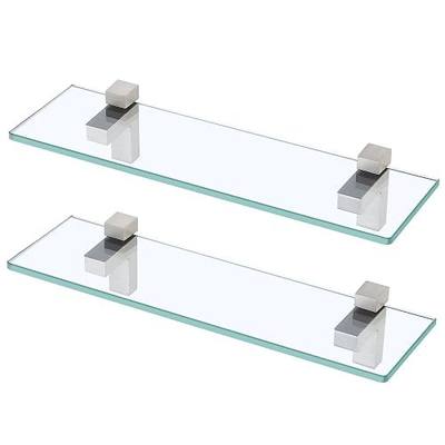 KES Bathroom Glass Shelf, 16 Inch Tempered, Brushed Nickel Brackets, 2 Pack | Floating Tempered Glass, Rectangle, 11 Lbs Capacity, Kitchen, Bedroom, Family Room
