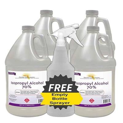 Florida Laboratories Isopropyl Alcohol 70% Rubbing Alcohol, 1 Gallon (4 Pack) with Free Spray Bottle, Made in USA