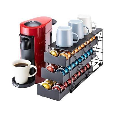 FlagShip Nespresso Vertuo Pod Holder 60 Large Pods Capacity 3 Tier | Vertical Design Saves Counter Space Black Sturdy Metal Frame No Assembly For Coffee Bar Kitchen Including Flavor Labels