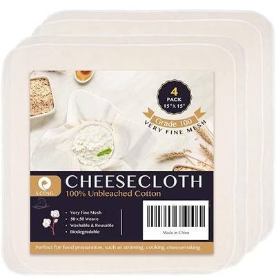 Precut Cheesecloth, 15 x 15'' 4 Pack, Grade 100, Ultra Fine Cheese Cloth for Straining & Cooking, 100% Unbleached Cotton Muslin Cloth for Making Cheese
