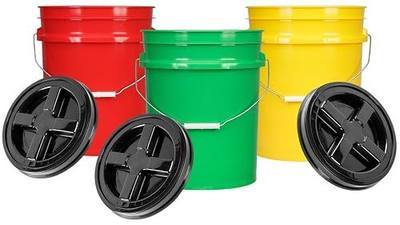 House Naturals 5 Gal Plastic Buckets Food Grade BPA Free Made in USA pails with Screw On Gasket Lids - Pack of 3 - Yellow Green Red