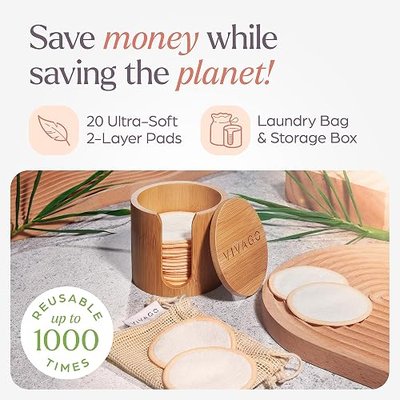 VIVAGO Reusable Cotton Rounds for Face - 20 Pack | Reusable Makeup Remover Pads with Washable Drawstring Laundry Bag & Bamboo Holder