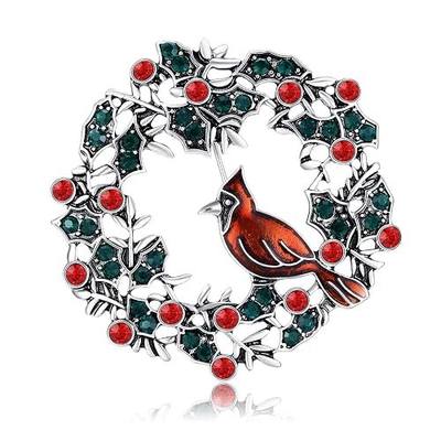 Giuesytic Cardinal on Wreath Pin Red Bird with Crystal Flower Green Leaf Christmas Brooches for Women Gifts Holiday Party Decorations with Message Card & Box