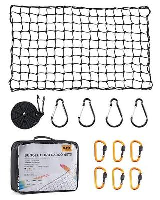 OMT 2x3ft Flat Webbing Cargo Net for Roof Rack & SUV Basket, 2x2in Mesh | 10 Aluminum Carabiners; Premium Polypropylene; Includes Ratchet Strap & Pouch; Anti-Tangling; Weather Resistant Construction