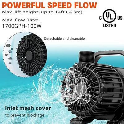 WaterRebirth 100W 1700 GPH Pond Pump, Ultra Quiet Heavy Duty Submersible Water Pump for Koi Ponds, Fountains, Aquariums & Waterfalls, 20.3 ft Power Cord, UL Listed
