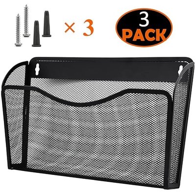COSYAWN 3 Pack Mesh Wall Mounted File Holder, Metal Hanging Paper Folder Organizers, Single Pockets for Classroom Home and Office Black