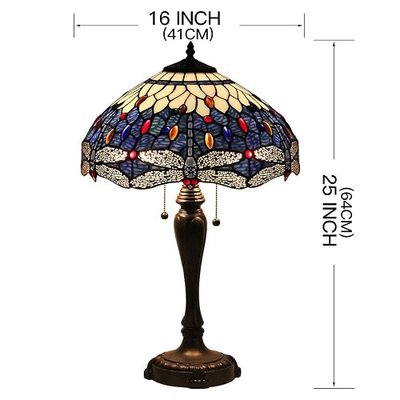 Lighting Tiffany Table Lamp W16H25 Inch Antique Blue Dragonfly Stained Glass Crystal Gem Light for Living Room Bedroom Study Coffee Bar Lamp Bedside Light