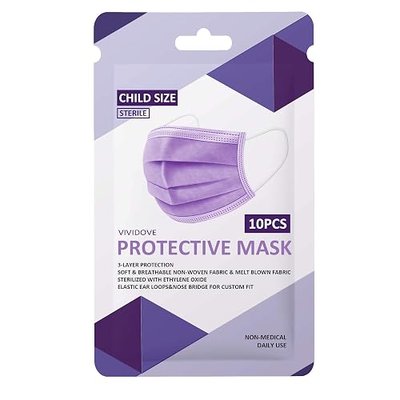 (50 PCS) Disposable Face Masks KIDS Size, 3-Ply Layers Non-woven Soft Fabric, Easily Breathable, Adjustable Nose Bridge, Comfortable & Elastic Earloop (Purple)