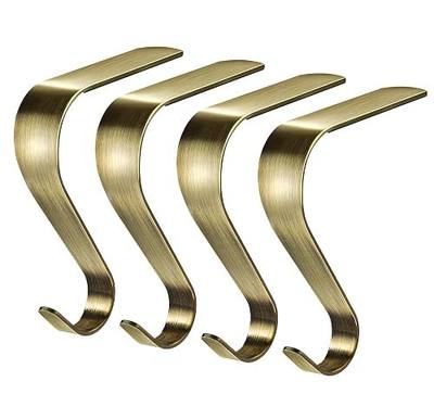 Edoneery Christmas Stocking Holders for Mantle with Silicone Anti-Slip Strips, Fireplace Mantel Stocking Hangers for Shelf, Garland Grips Hooks for Xmas & Family Party Decoration (Bronze, 4)