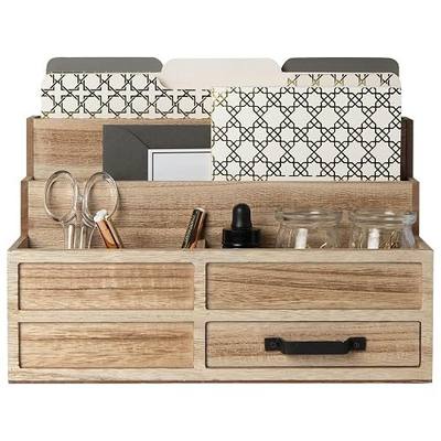 BLU MONACO | Natural Wood Mail Organizer with Drawer & Pen Holder | Rustic Desk Organizer for Bills, Letters & Countertop Storage | Wooden Desktop Mail Sorter for Home & Kitchen