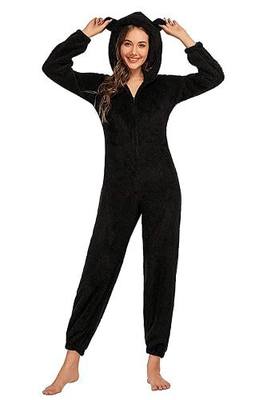 chouyatou Women's Ultra Comfy Lounge Furry Sherpa Romper Onesie Pajamas Cute Ear Hood