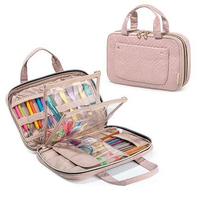 Yarwo Knitting Needles Case, Crochet Hooks Organizer with 2 Clear Pouches | Circular Needles Holder for Ergonomic Crochet Hook (up to 10.6") and Craft Yarn Kits, Top Handles, Bag Only, Dusty Rose