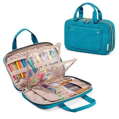 Yarwo Knitting Needles Case, Crochet Hooks Organizer with 2 Clear Pouches | Circular Needles Holder for Ergonomic Crochet Hook (up to 10.6") and Craft Yarn Kits, Top Handles, Bag Only, Teal