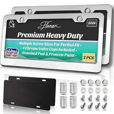 Premium Chrome License Plate Frames with 2 Anti-Scratch Pads & 4 Tire Valve Caps, Heavy Duty Rust-Free Chrome License Plate Frame 2 Pack for Women & Men, 2 Holes Universal Fit for Cars & Trucks