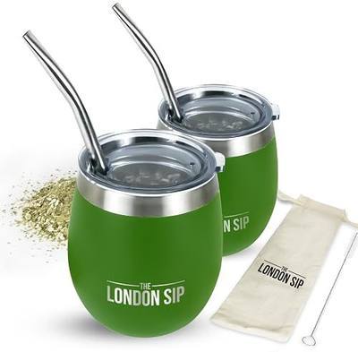 London Sip Yerba Mate Cup and Bombilla Set, Includes 2 Gourds (8 oz each), Spill Resistant Lids, Straws, Bombilla Brush and Pouch Included, Black (2, Green)