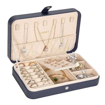 LANDICI Small Jewelry Box for Women Girls, PU Leather Travel Jewelry Case, Portable Jewelry Organizer Storage Holder Display for Ring Earrings Necklace Brooch Men Kids Gift, Dark Blue