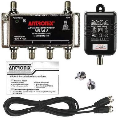 Antronix MRA4-8 Reliable Cable 4-Port TV/Antenna/HDTV/Internet Digital Signal Amplifier/Booster/Splitter with Passive Return, Black Coax Power Cable, F59 Terminators