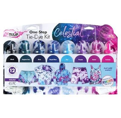 Tulip One-Step Tie-Dye Kit Celestial, Large Party Activity, Permanent Fabric Dye, Vibrant Galaxy Color Palette: Purple, Pink, Blue, Black, Easy Clean-up, 8 Fun Techniques Included, 8 Full Size Bottles