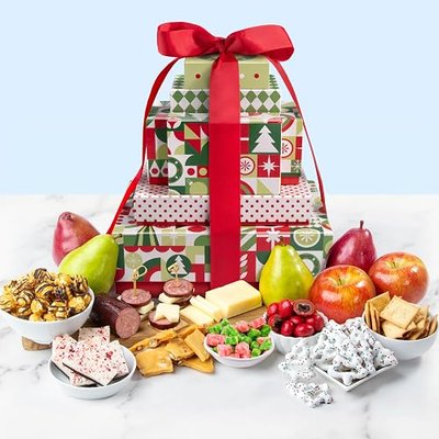 Christmas Cheer Fruit & Gourmet Supreme Tower with Sweets, Snacks, Cheese & Meat