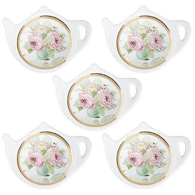 Floral Tea Bag Holder with Golden Trim Tea Porcelain Accessories Teapot Shaped Tea Bag Coaster Resting Caddy Saucer 4 Inch/10cm-Set of 5