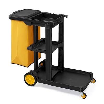 TUFFIOM Commercial Traditional Cleaning 3-Shelf Janitorial Cart, 500 Lbs Capacity Housekeeping Cart, Wheeled with Yellow VinylBag and Cover w Lid, Black