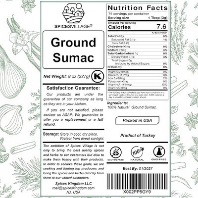 SPICES VILLAGE Ground Sumac Spice, Sumac Seasoning, 8 oz, Sumac Powder, Kosher Certified, Gluten Free Non GMO, Resealable Bag