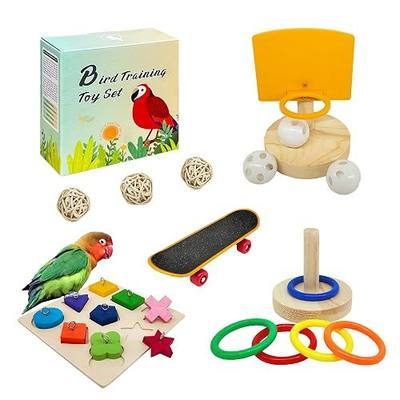 Bird Toys,Parrot Training Toys for Lovebird,Five-Types Parakeet Toys Sets for Conure, Cockatiel,12 PCS Parrot Intelligence Toy,Basketball Hoop,Skateboard,Stacking Toys,Wooden Block Bird Puzzles Toy