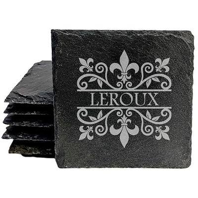 Engraved Fleur De Lis Slate Coasters Set of 4 – Square – Handcrafted USA | Custom engraved with your name, this square set of 4 fleur de lis coasters makes a personalized gift.