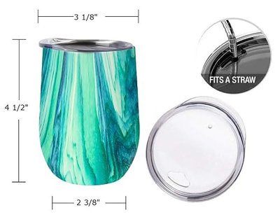 12oz Wine Mug Stainless Steel Tumbler Vacuum Double Wall Glass Stemless coffee Lid Gift Straw Travel Bottle Cocktail Large Walled Unbreakable Water Ice Champagne Cold Beer Drink (Marble Green)