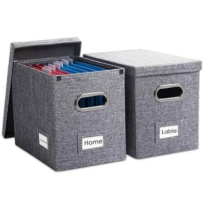 PRANDOM File Organizer Box - Set of 2 Collapsible Decorative Linen Filing Storage Hanging File Folders with Lids Office Cabinet Letter Size Grey (14x9.3x10.8 inch)