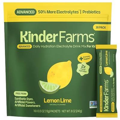KinderFarms Kids Advanced Electrolyte Powder – Drink Mix Packets (Lemon Lime, 16 Count), No Artificial Dyes, Sweeteners or Flavors - Vegan, Non-GMO, Gluten-Free, FSA-HSA