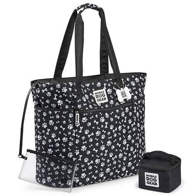 Mobile Dog Gear, Dogssentials Dog Tote Large Travel Bag, Includes Lined Food Carrier and Clear Wristlet Pouch, Meets Airline Requirements, 19 Inches x 17 Inches, Black/White Paw Bone Print