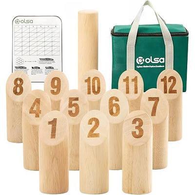 OLSA Numbered Block Tossing Game Set for Lawn Beach Park Party and Yard | Include 12numbered pins,throwing pins&carrying bag;Rubberwood,hot stampingnumbers,hand sanded,smooth finish;Gift for friends