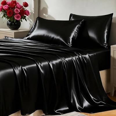 CozyLux Satin Sheets Queen, 4-Piece 14-Inch Deep Pocket Sheet Set | OEKO-TEX Certified Silky Soft Sheet Set for Hair & Skin, Luxurious Silky-Smooth Satin for Elegant Bedroom Decor, Black