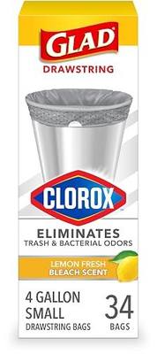 Glad Small Drawstring Trash Bags with Clorox, 4 Gal, Lemon Fresh Bleach, 34 Ct (Package May Vary)