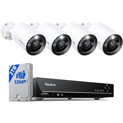 REOLINK 8CH 12MP Wired Security Camera System with 2TB HDD RLK8-1200B4-A | 4pcs H.265 12 Megapixel UHD PoE Surveillance Cameras, Person Vehicle Pet Detection, Spotlight Color Night Vision, 8CH NVR