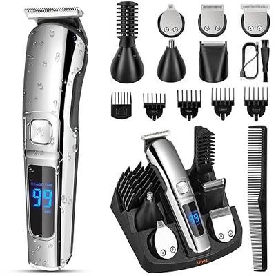 Ufree Beard Trimmer for Men, Waterproof Electric Razor, Grooming Kit | Stainless steel blades, six interchangeable heads, wet and dry use, USB rechargeable, for face body nose ear trimming, silver