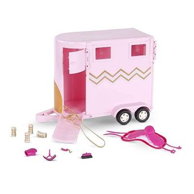 Lori Hoofing It Horse Trailer Playset, Pink and Gold, 12-Piece, Vehicles | For 6-inch horses and mini dolls with saddle, bridle, 4 boots, grooming tools, opening door and window, Vehicles, 3+ Years